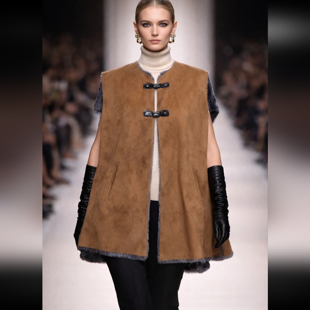 Brown Faux Suede Vest Cape with Toggle Closure Size Large XL